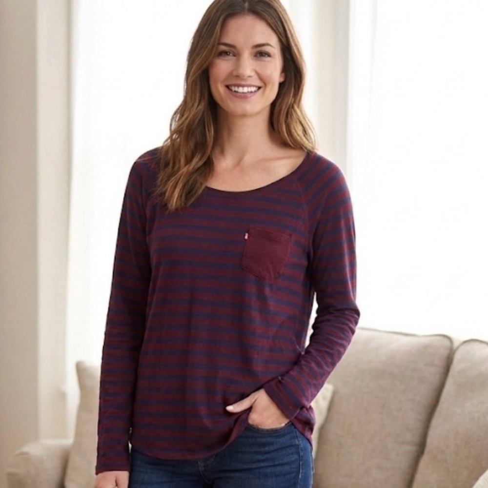 Levi's Burgundy and Navy Striped Long Sleeve Tee